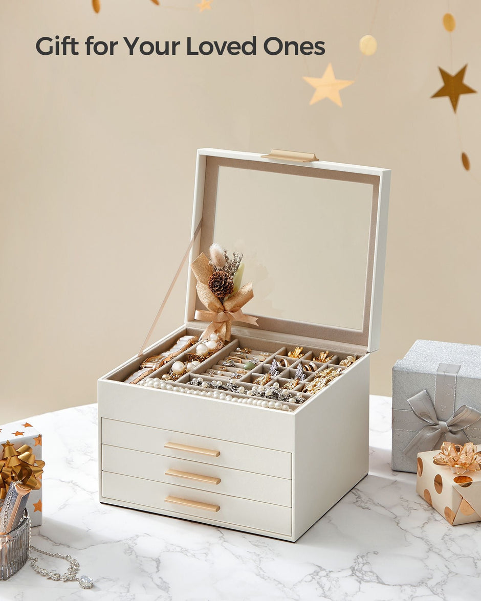 Jewellery Box – Glass – Cloud White and Gold – 4-Layer with 3 Drawers
