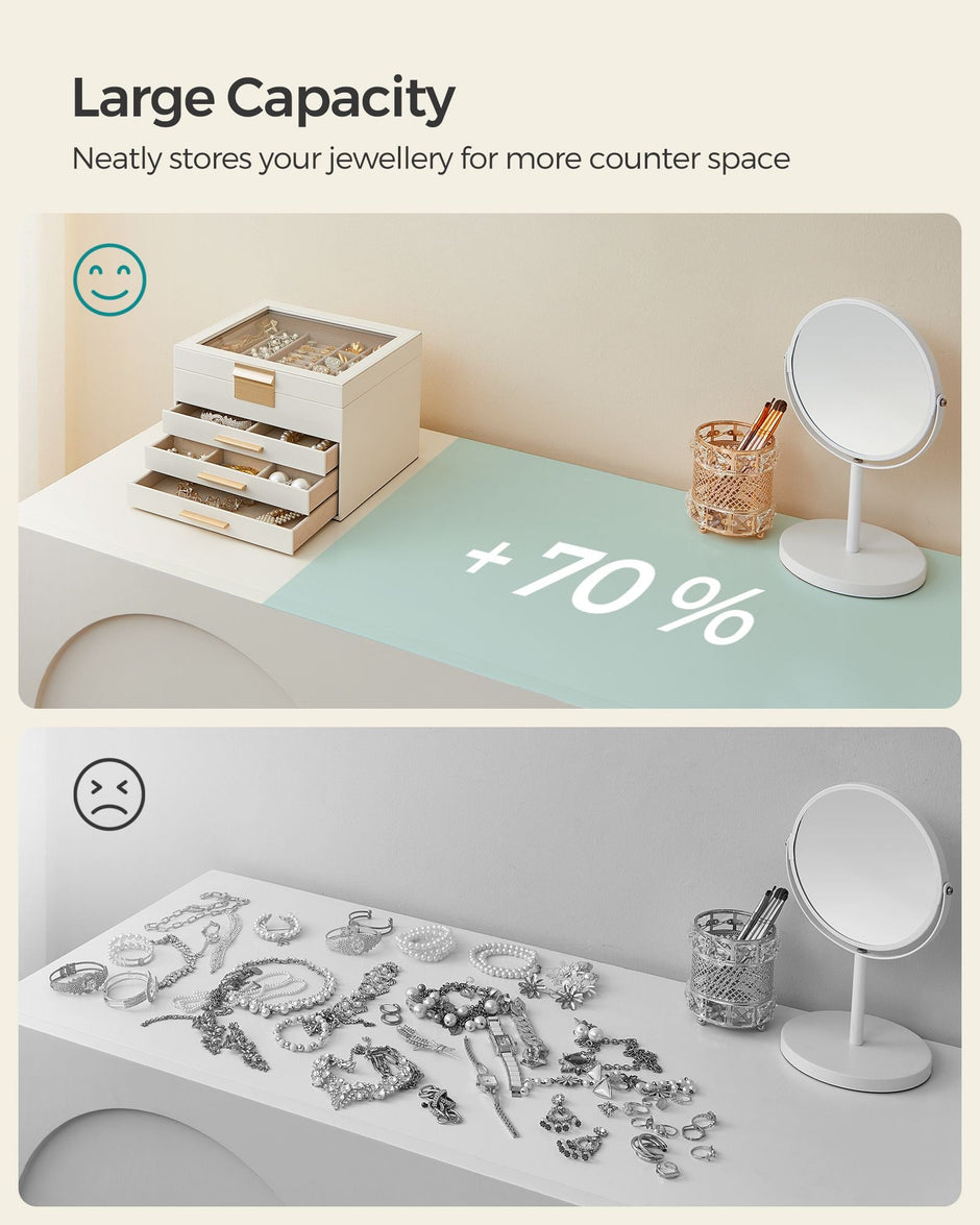 Jewellery Box – Glass – Cloud White and Gold – 4-Layer with 3 Drawers