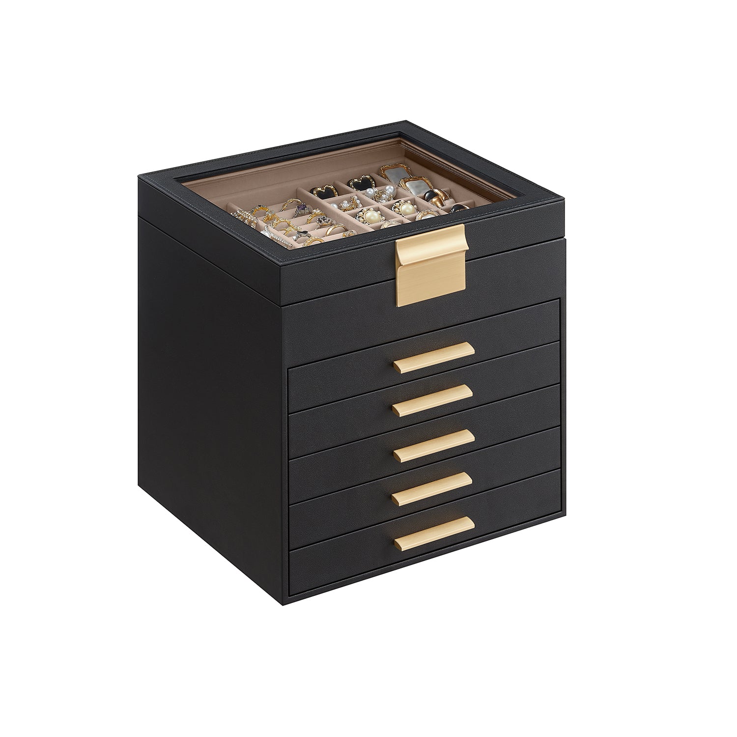 Jewellery Box – Glass – Graphite Black and Gold – 6 Layers with 2 Drawers