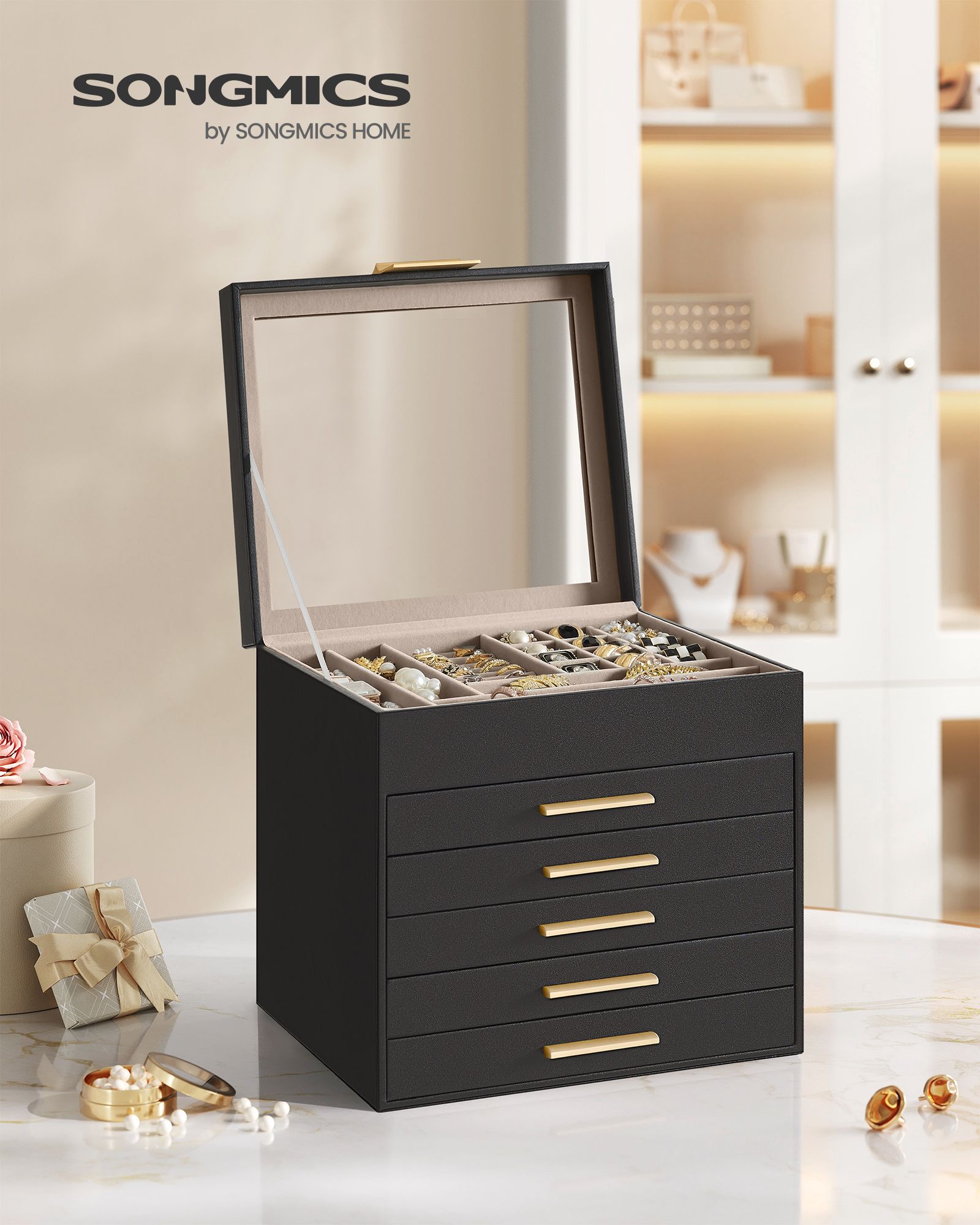 Jewellery Box – Glass – Graphite Black and Gold – 6 Layers with 2 Drawers