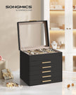 Jewellery Box – Glass – Graphite Black and Gold – 6 Layers with 2 Drawers