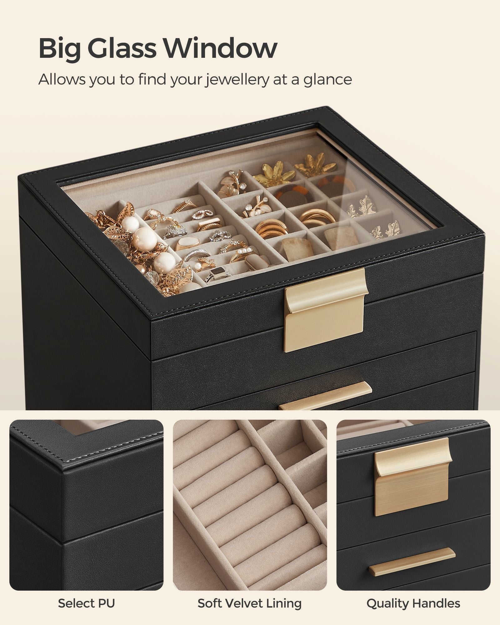 Jewellery Box – Glass – Graphite Black and Gold – 6 Layers with 2 Drawers