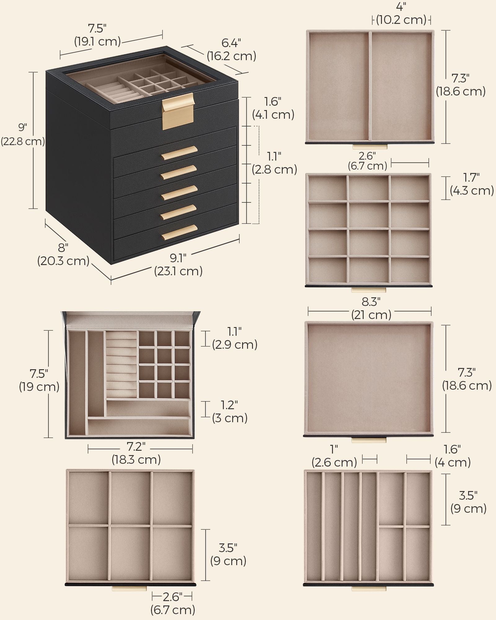 Jewellery Box – Glass – Graphite Black and Gold – 6 Layers with 2 Drawers
