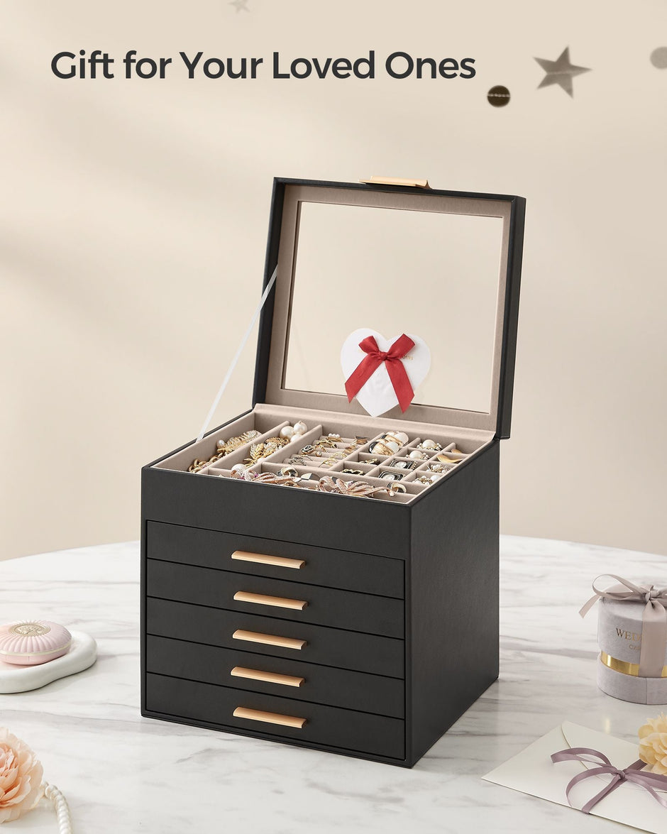 Jewellery Box – Glass – Graphite Black and Gold – 6 Layers with 2 Drawers