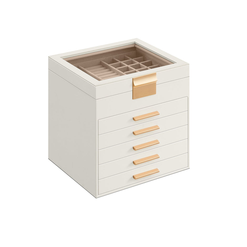 Jewellery Box – Glass – Cloud White and Gold – 6-Layer with Drawers