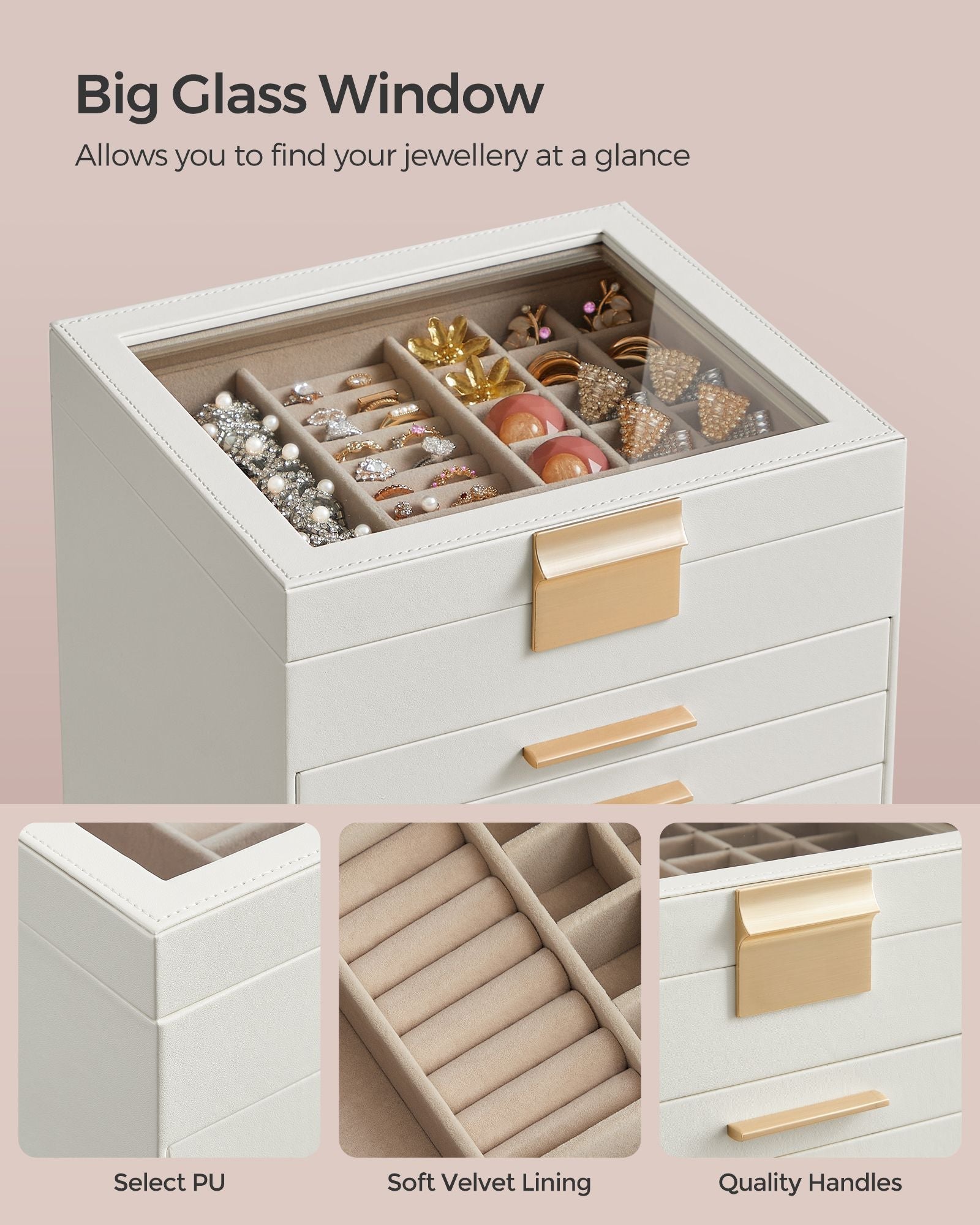 Jewellery Box – Glass – Cloud White and Gold – 6-Layer with Drawers