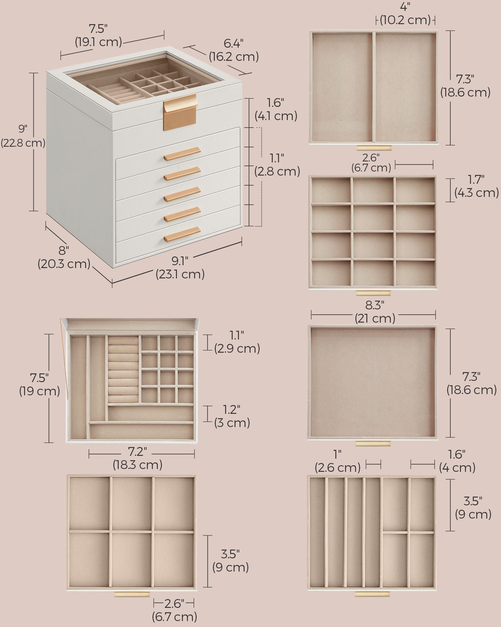 Jewellery Box – Glass – Cloud White and Gold – 6-Layer with Drawers