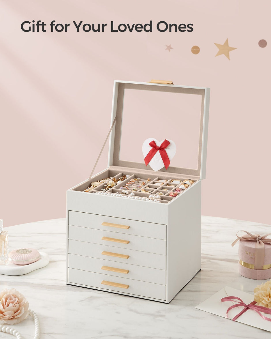 Jewellery Box – Glass – Cloud White and Gold – 6-Layer with Drawers
