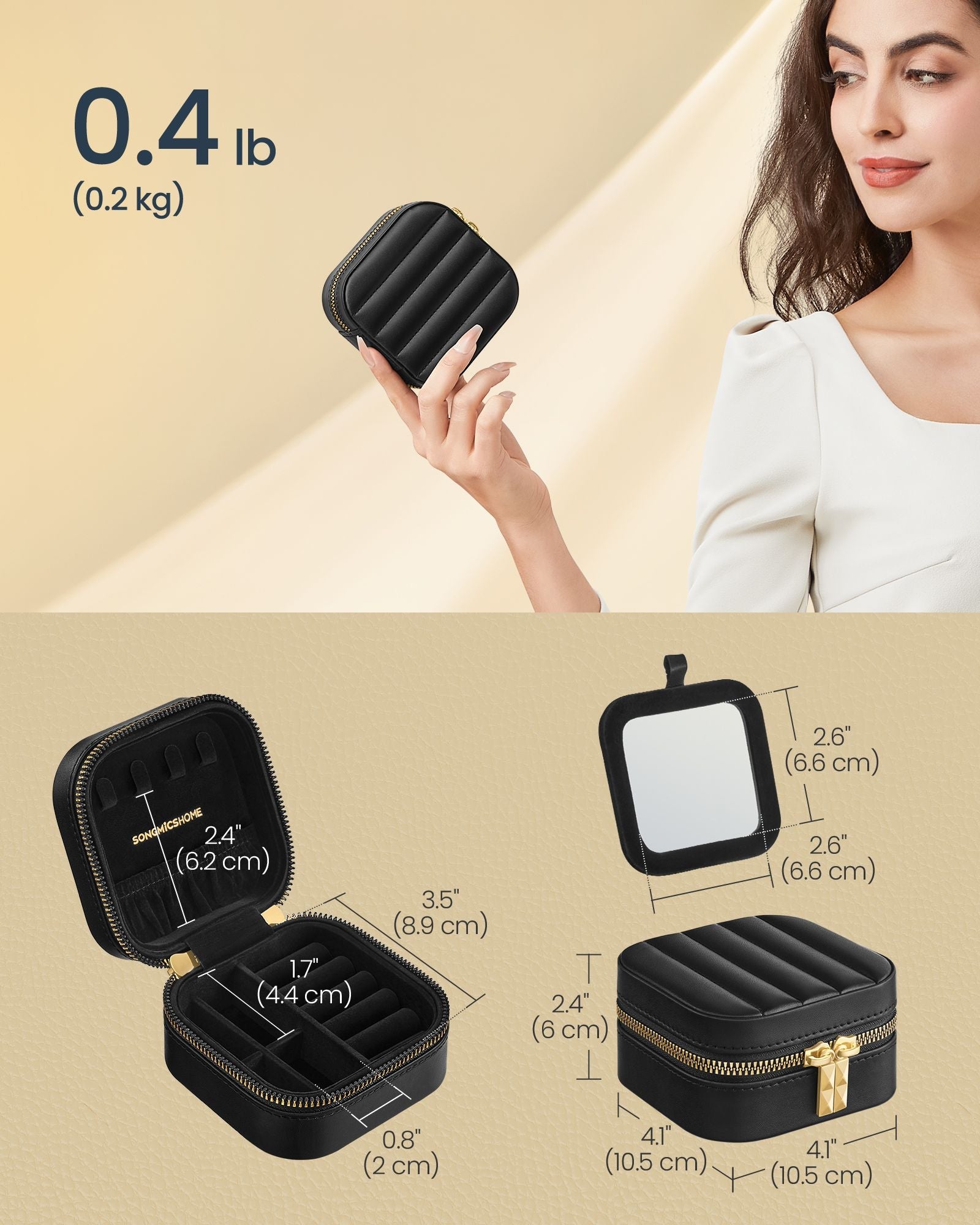 Travel Jewellery Box – PU – Ink Black – Portable with Mirror and Zippers
