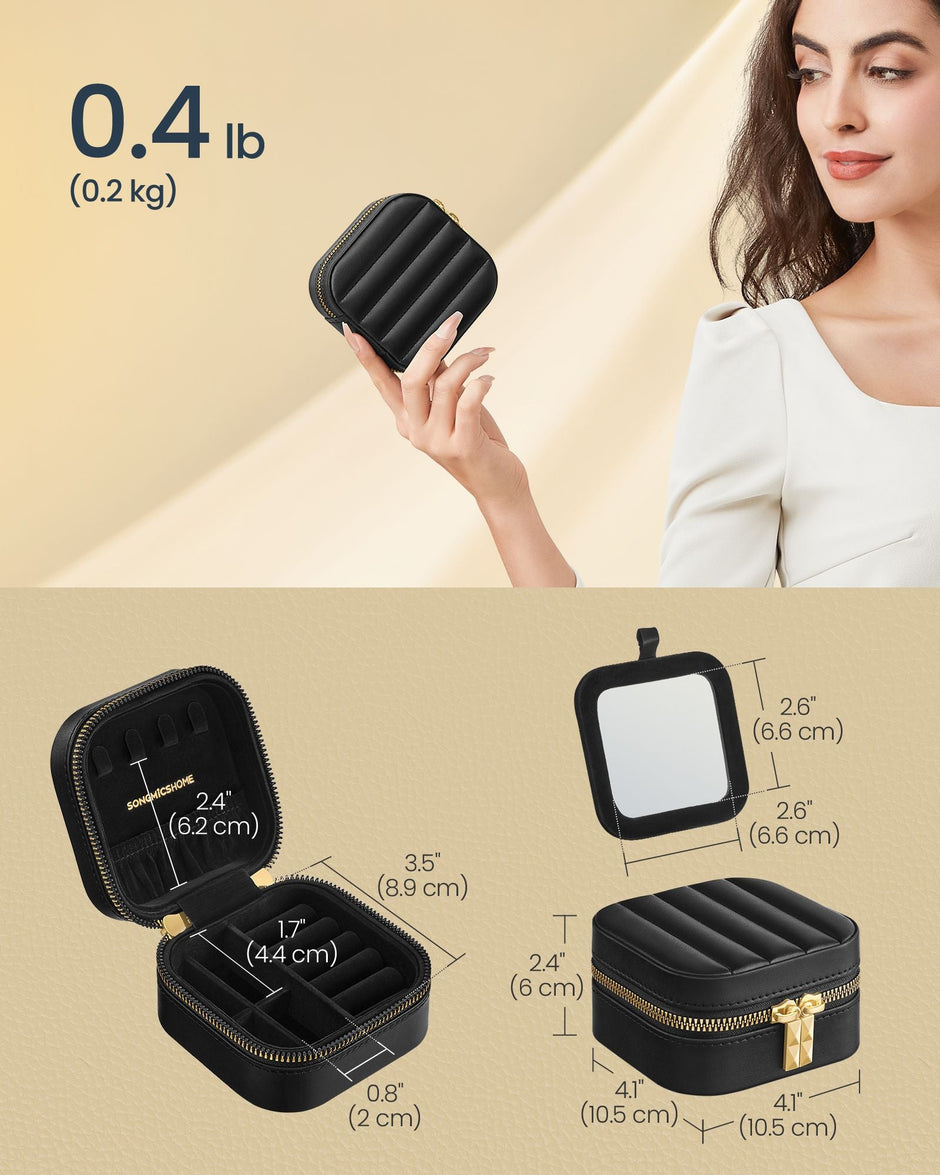 Travel Jewellery Box – PU – Ink Black – Portable with Mirror and Zippers