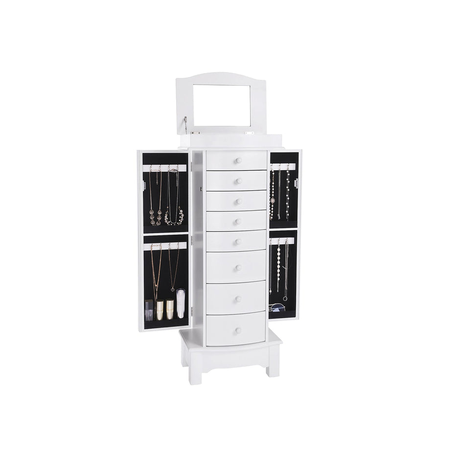 Jewellery Armoire – Wooden – White – Freestanding with Mirror and Large Capacity Storage