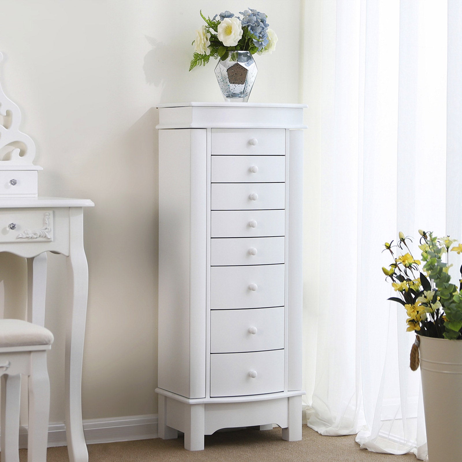 Jewellery Armoire – Wooden – White – Freestanding with Mirror and Large Capacity Storage