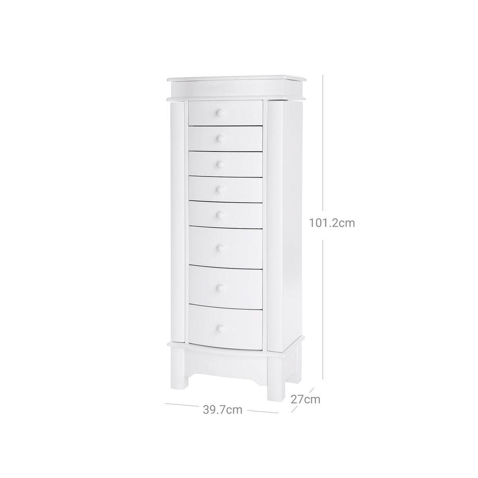 Jewellery Armoire – Wooden – White – Freestanding with Mirror and Large Capacity Storage