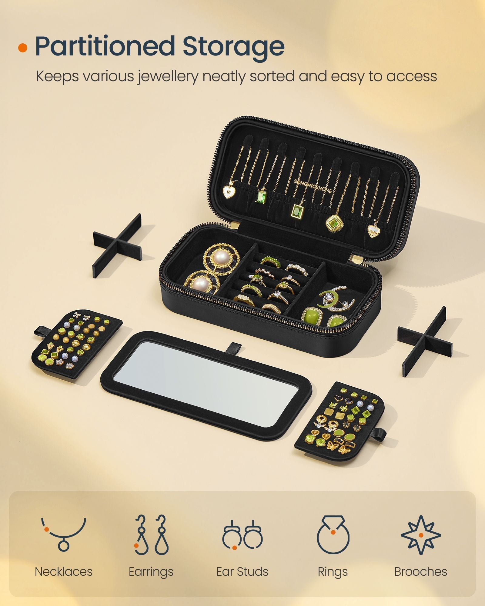 Small Jewellery Case – PU – Ink Black – Travel Organiser with Mirror
