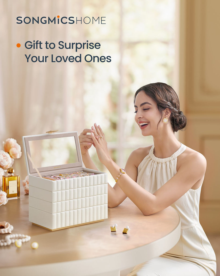 Stackable Jewellery Box – PU – Cloud White – 4-Tier with Mirror and Floating Effect