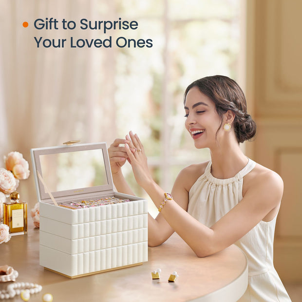Stackable Jewellery Box – PU – Cloud White – 4-Tier with Mirror and Floating Effect