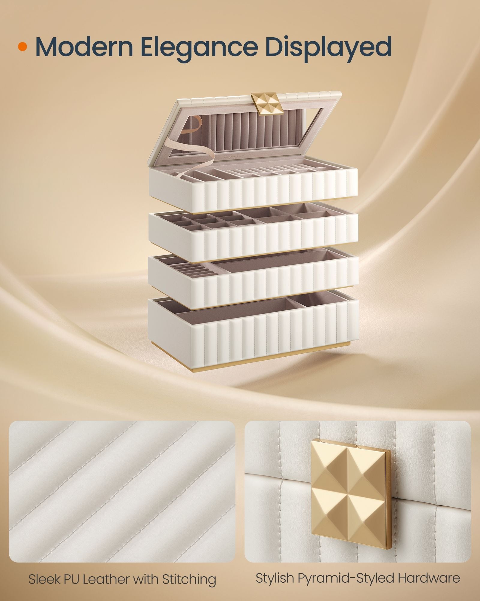 Stackable Jewellery Box – PU – Cloud White – 4-Tier with Mirror and Floating Effect