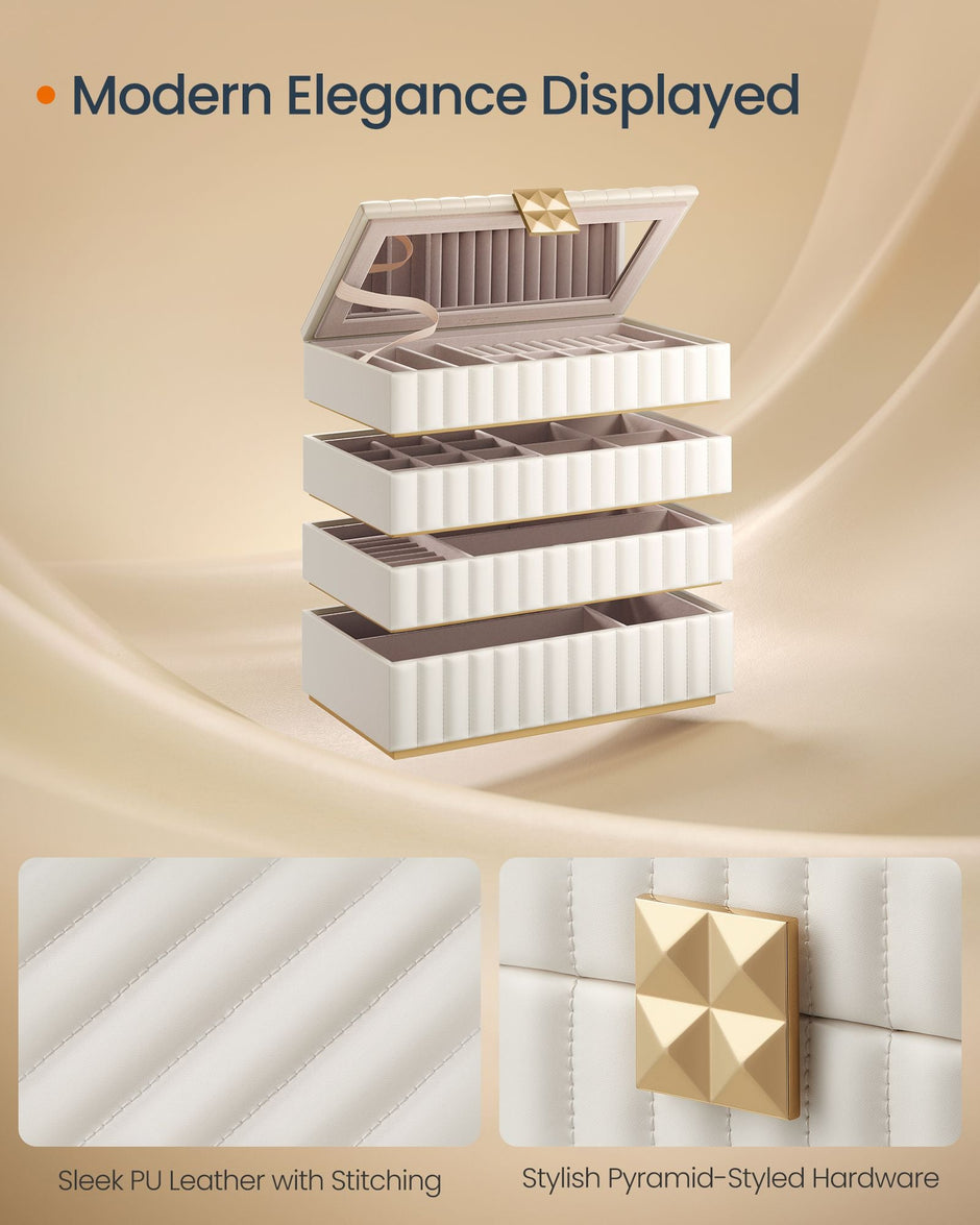 Stackable Jewellery Box – PU – Cloud White – 4-Tier with Mirror and Floating Effect