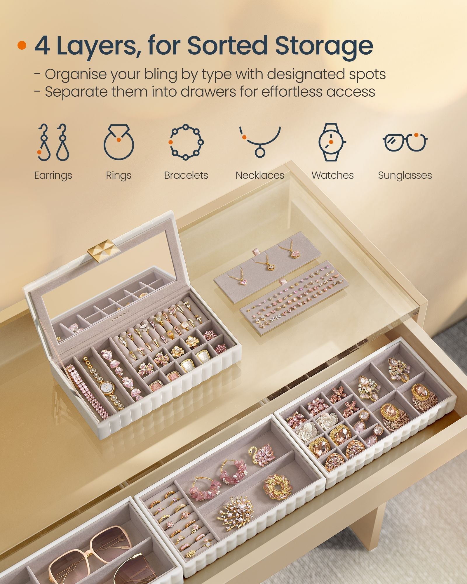 Stackable Jewellery Box – PU – Cloud White – 4-Tier with Mirror and Floating Effect