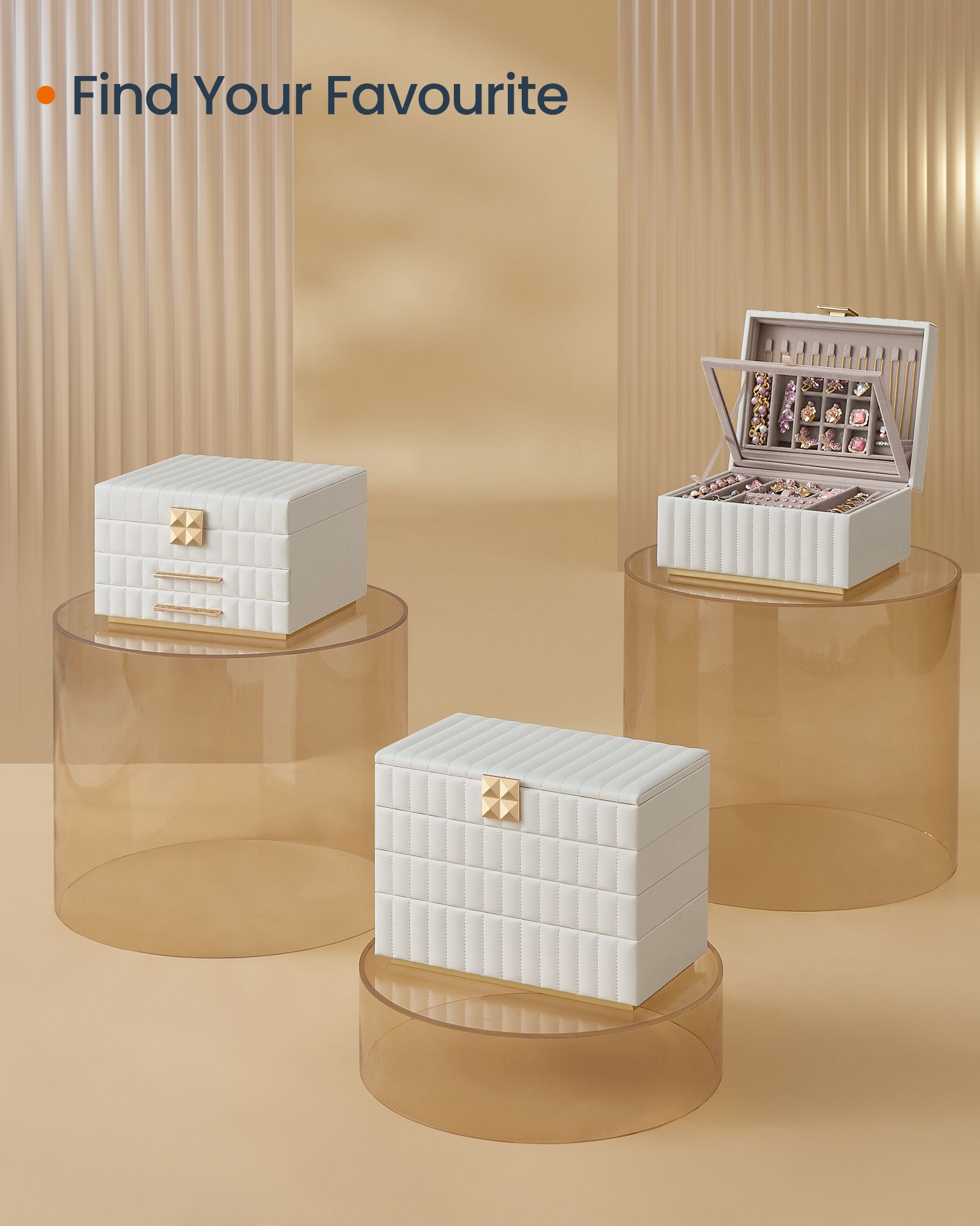 Stackable Jewellery Box – PU – Cloud White – 4-Tier with Mirror and Floating Effect