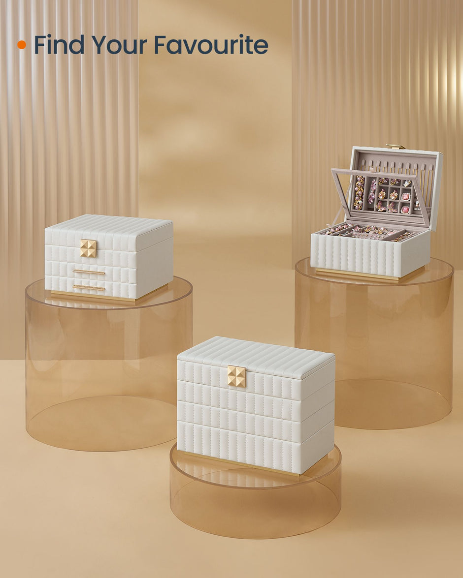 Stackable Jewellery Box – PU – Cloud White – 4-Tier with Mirror and Floating Effect