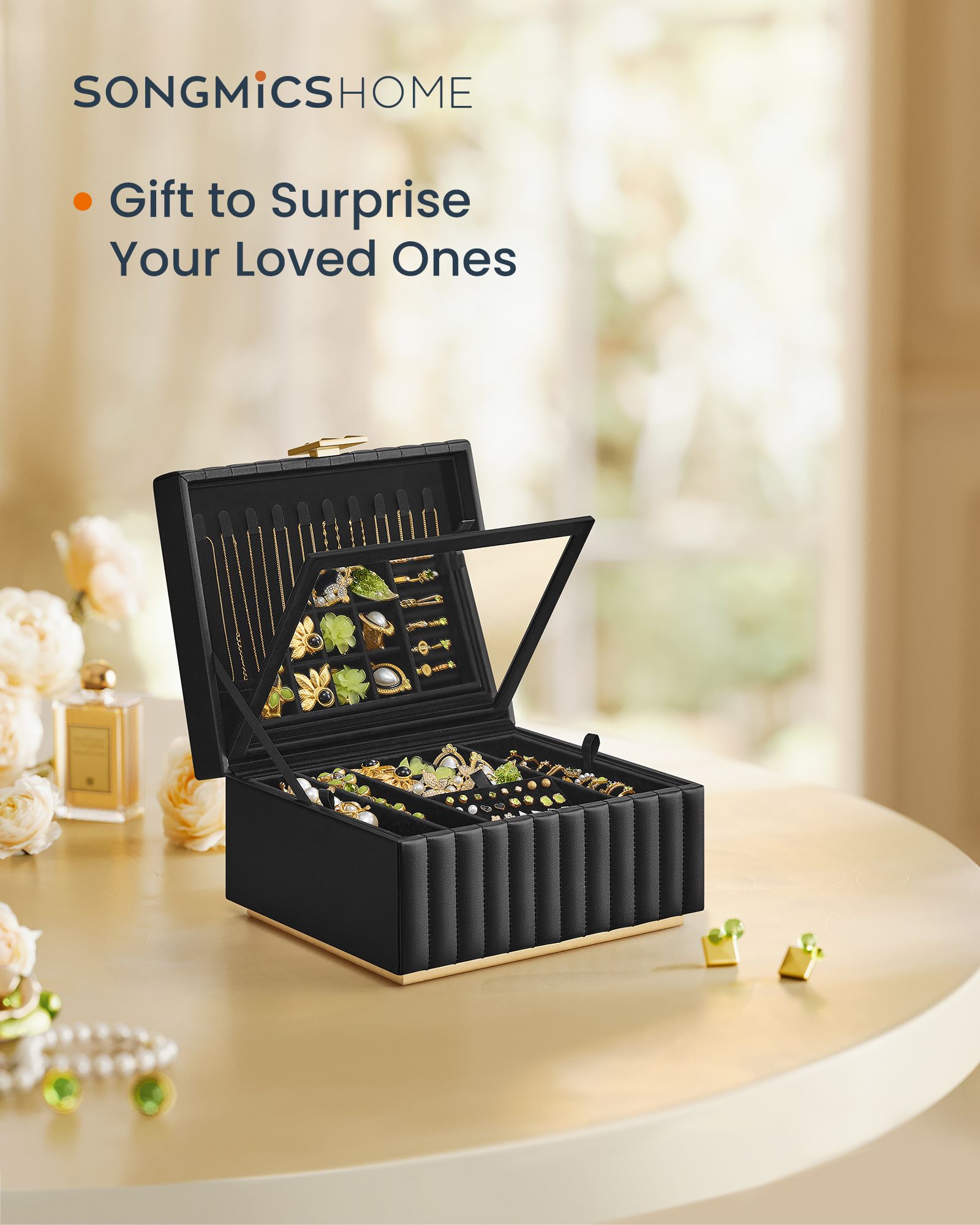 Jewellery Box – PU – Ink Black – 2-Tier with Mirror and Removable Tray