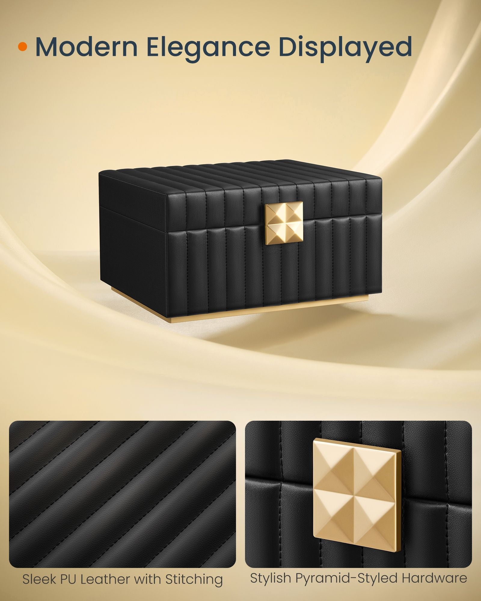 Jewellery Box – PU – Ink Black – 2-Tier with Mirror and Removable Tray