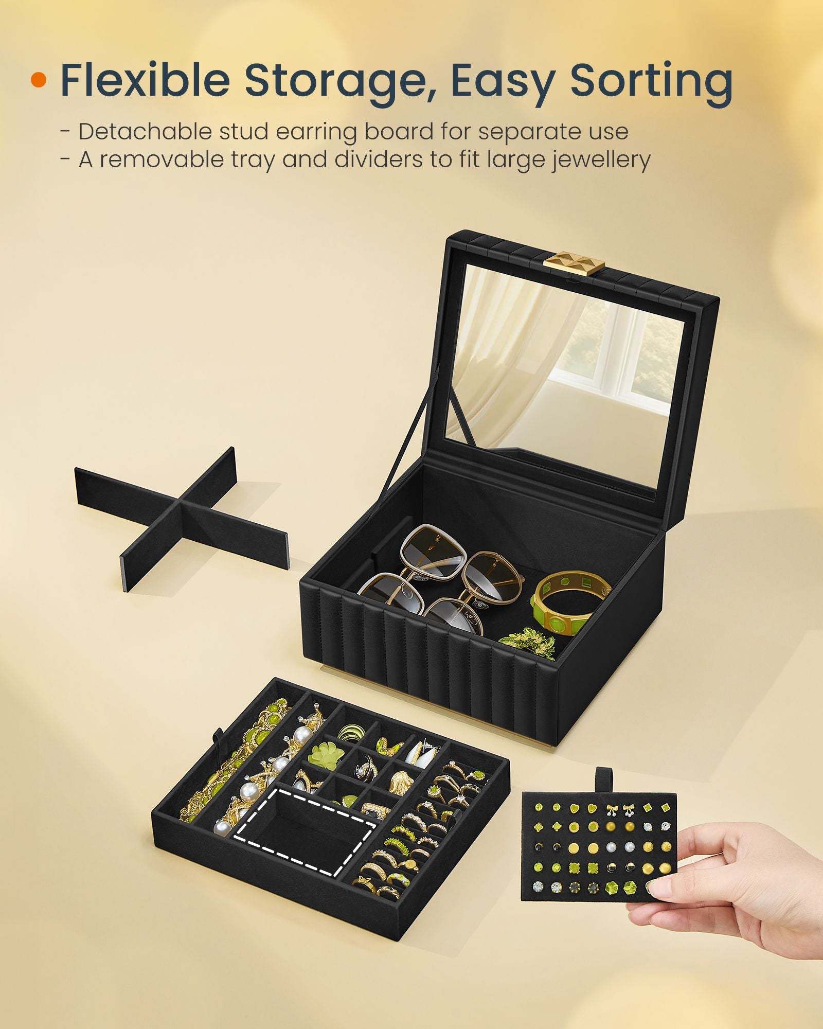 Jewellery Box – PU – Ink Black – 2-Tier with Mirror and Removable Tray