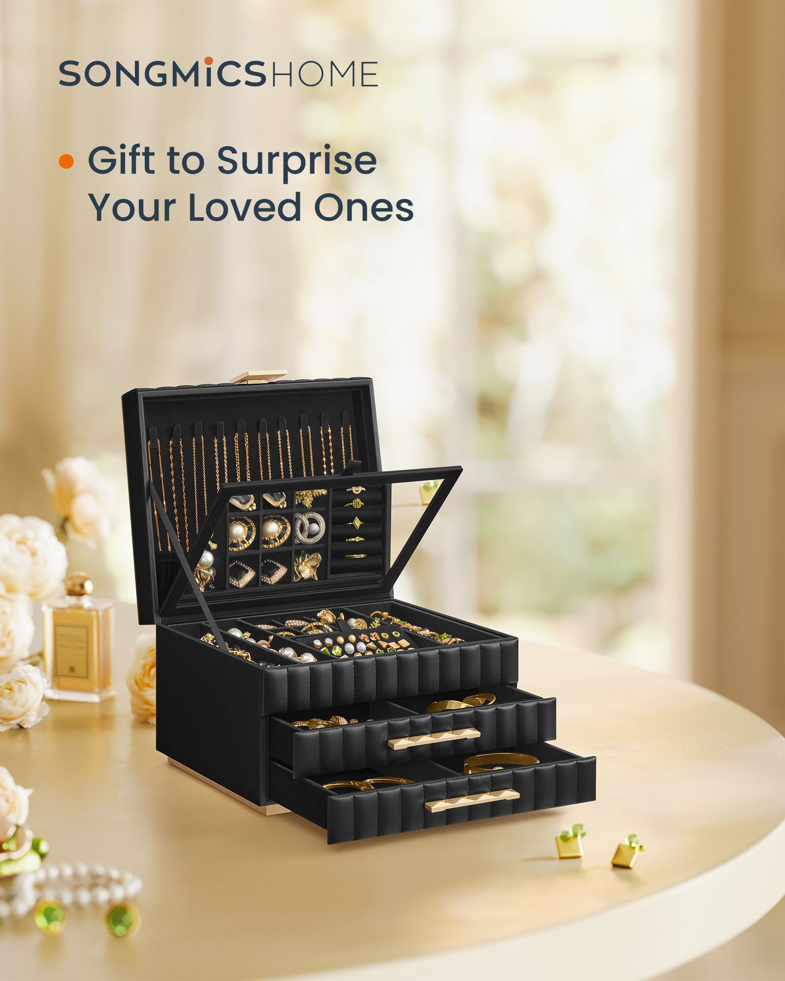 Jewellery Box – PU – Ink Black – 3 Tiers with Mirror and Drawers