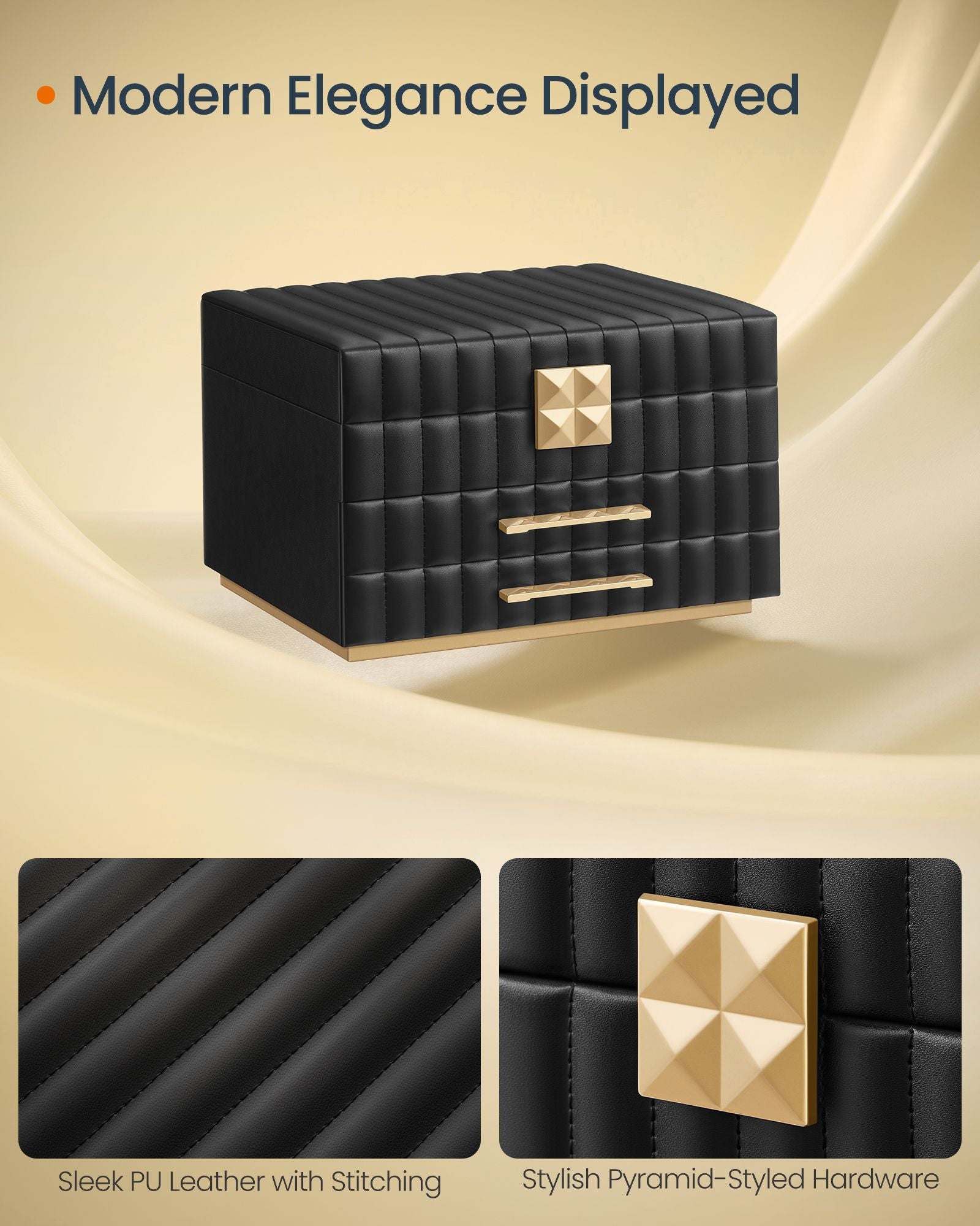 Jewellery Box – PU – Ink Black – 3 Tiers with Mirror and Drawers
