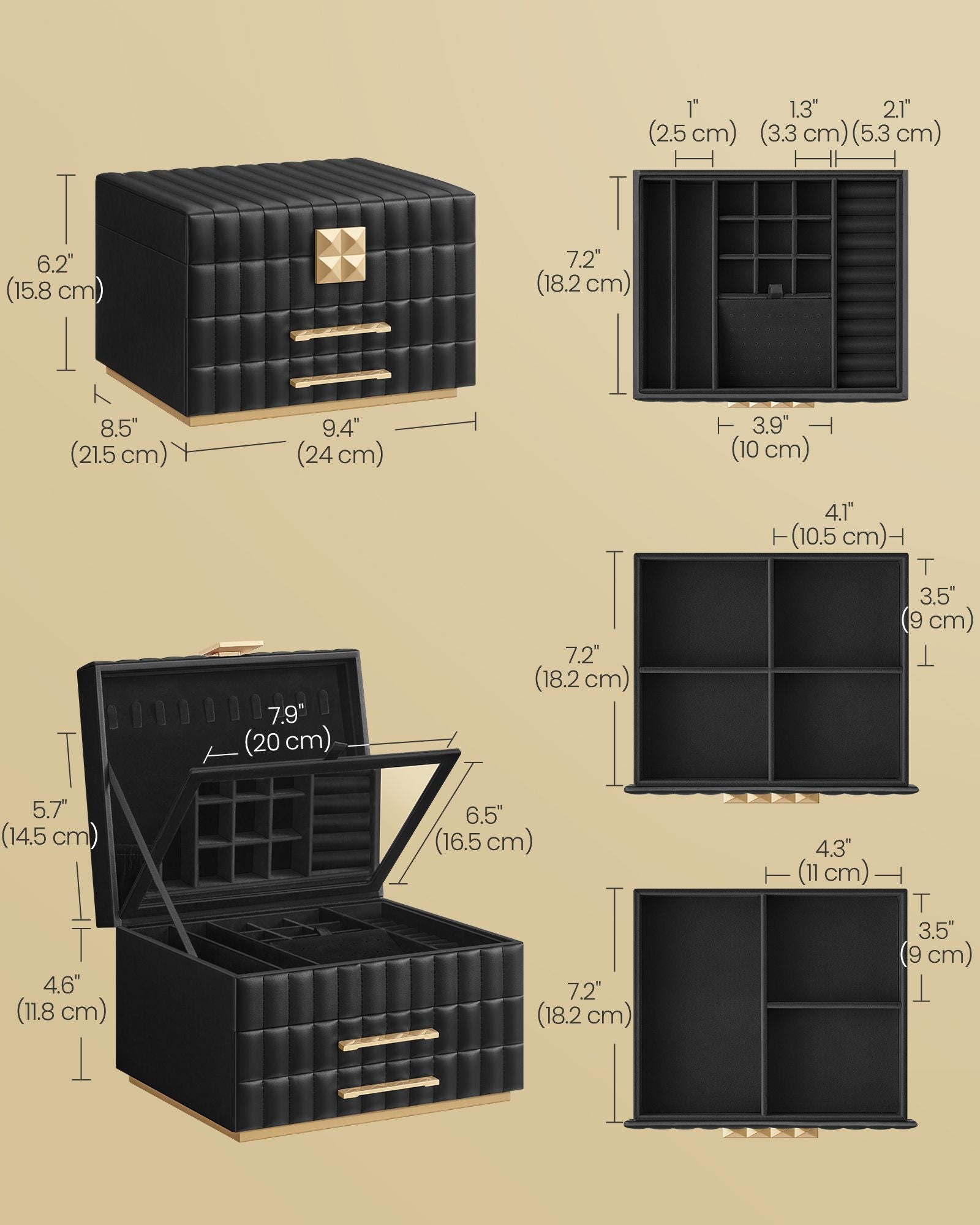 Jewellery Box – PU – Ink Black – 3 Tiers with Mirror and Drawers