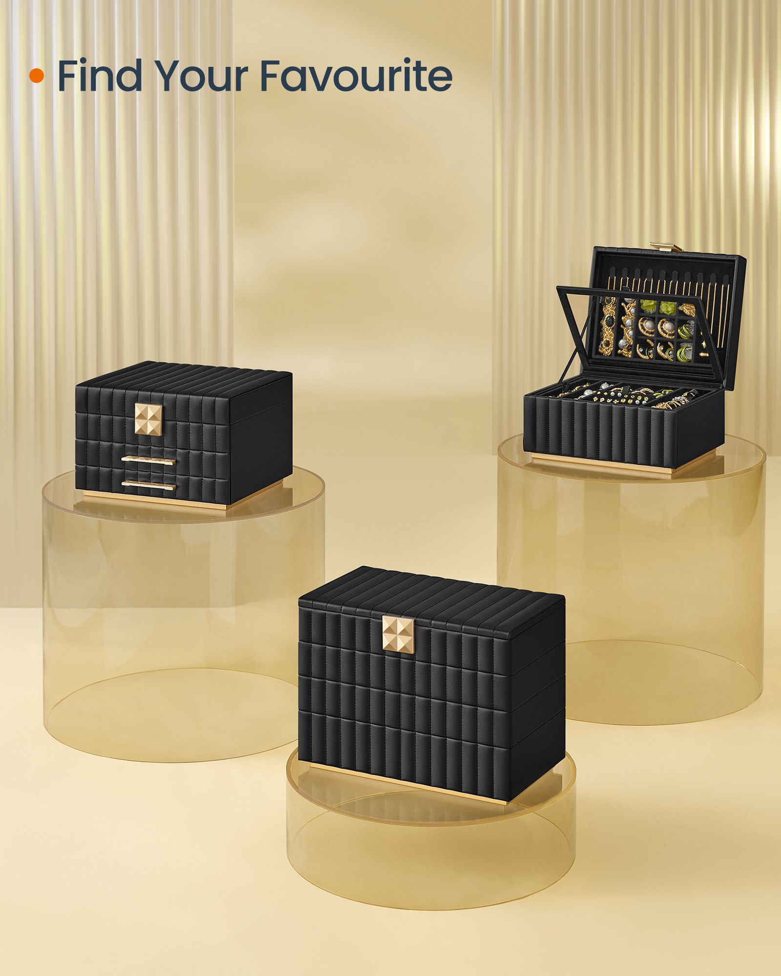 Jewellery Box – PU – Ink Black – 3 Tiers with Mirror and Drawers
