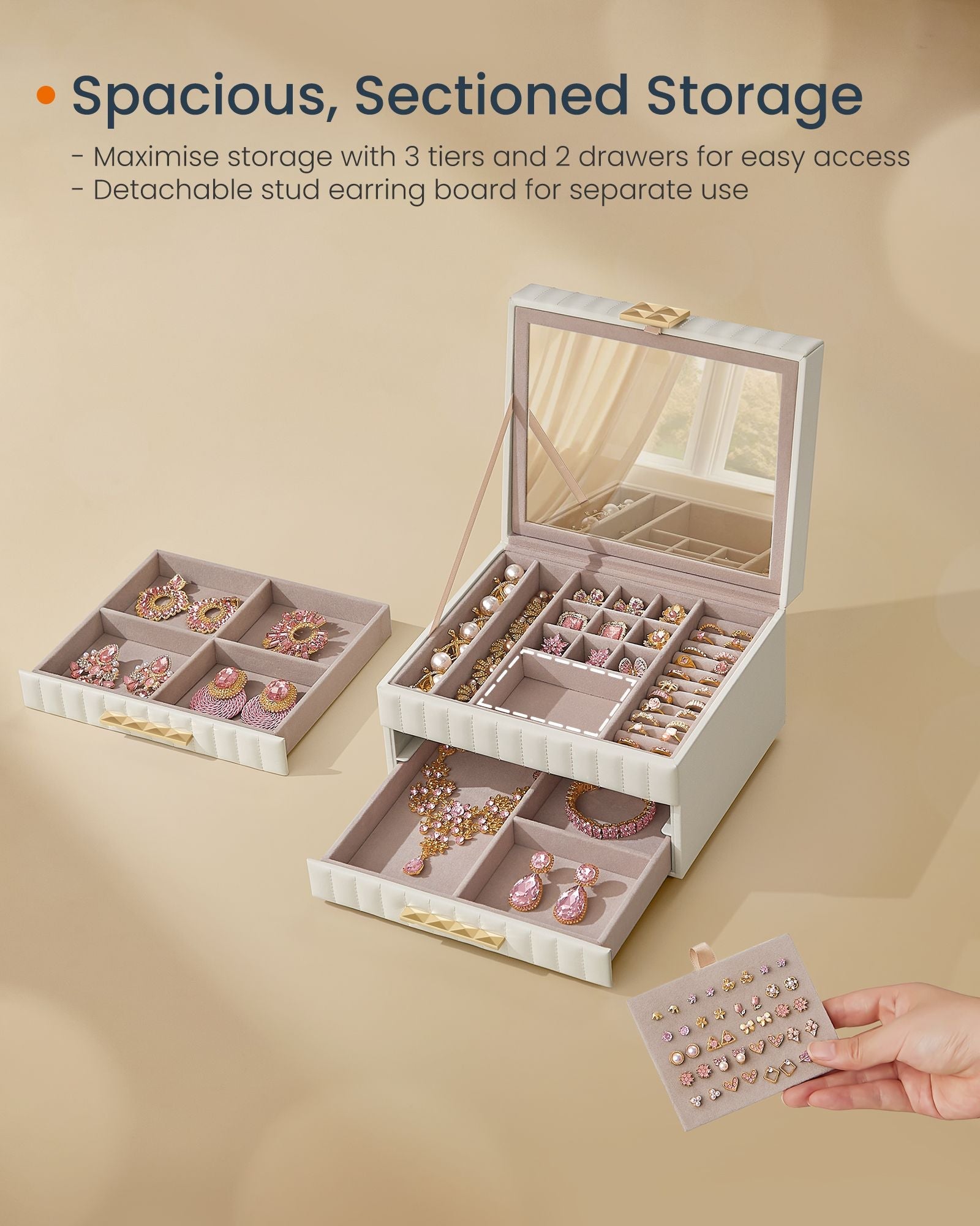 3-Tier Jewellery Box – PU – Cloud White – With Mirror and 2 Drawers