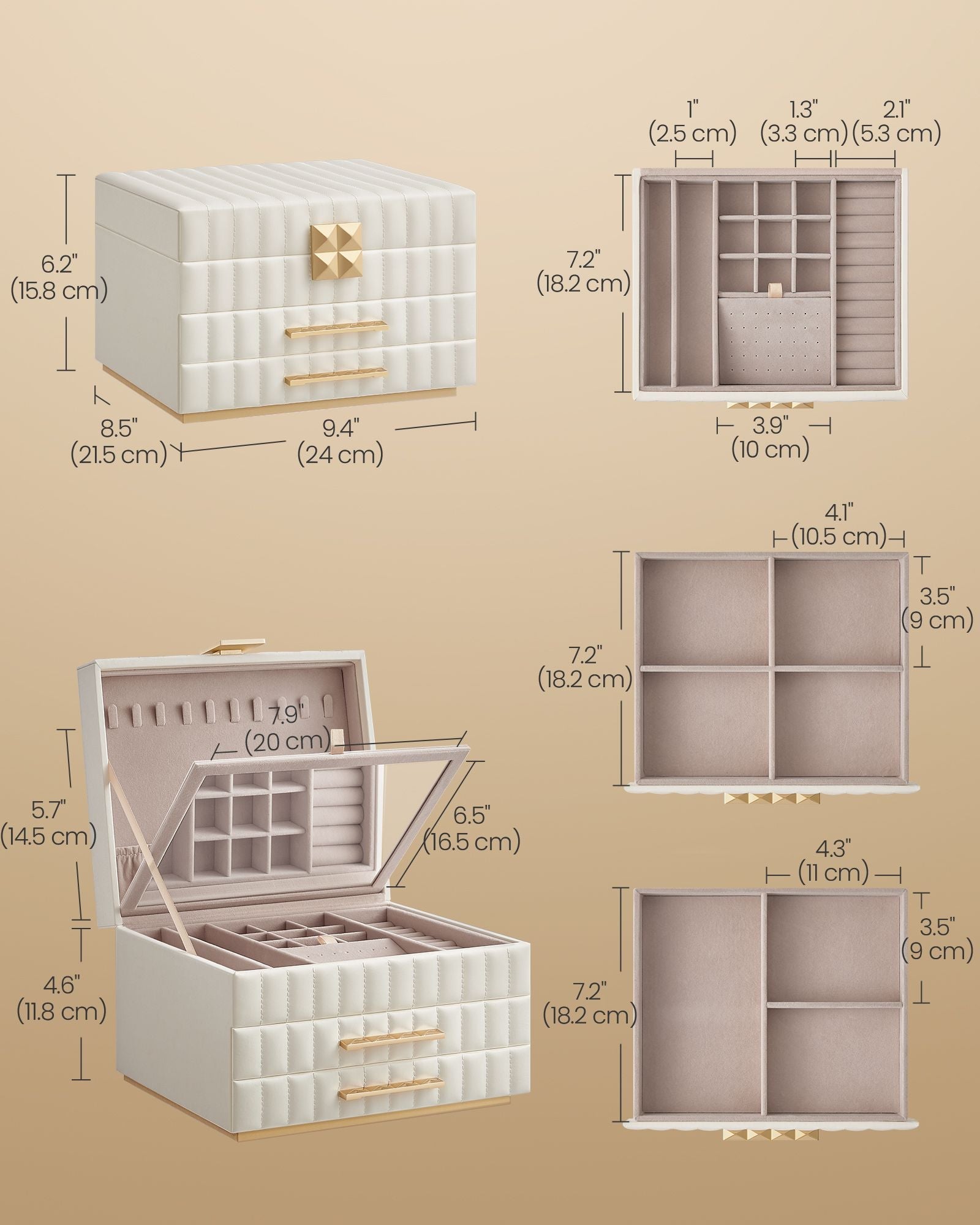 3-Tier Jewellery Box – PU – Cloud White – With Mirror and 2 Drawers
