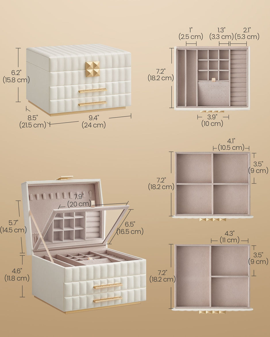 3-Tier Jewellery Box – PU – Cloud White – With Mirror and 2 Drawers