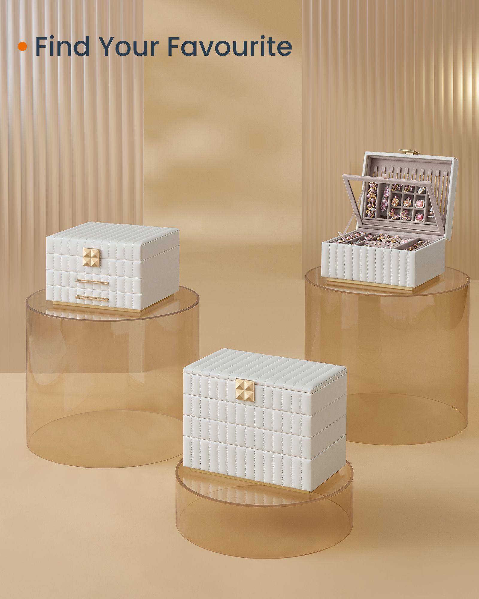 3-Tier Jewellery Box – PU – Cloud White – With Mirror and 2 Drawers