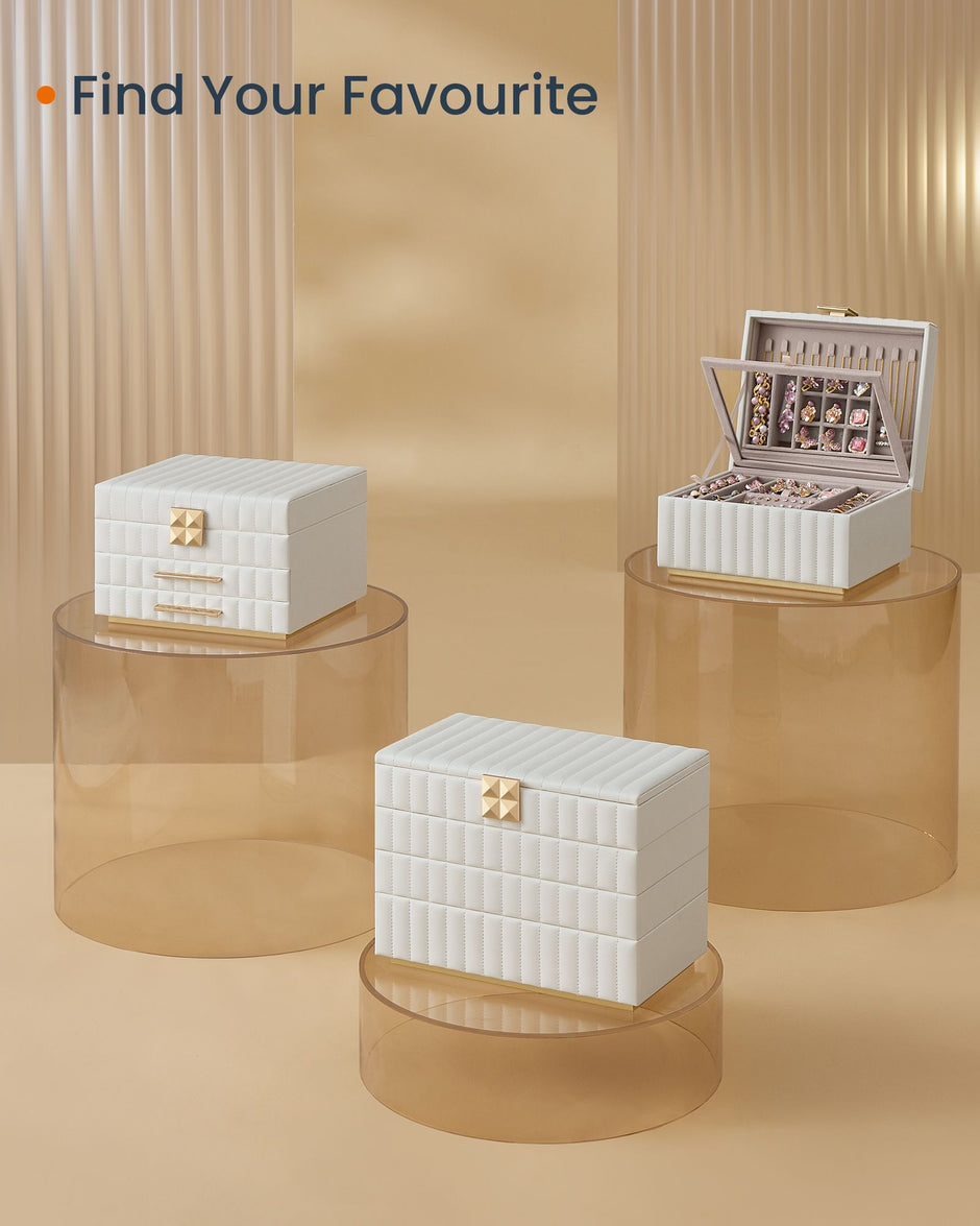 3-Tier Jewellery Box – PU – Cloud White – With Mirror and 2 Drawers
