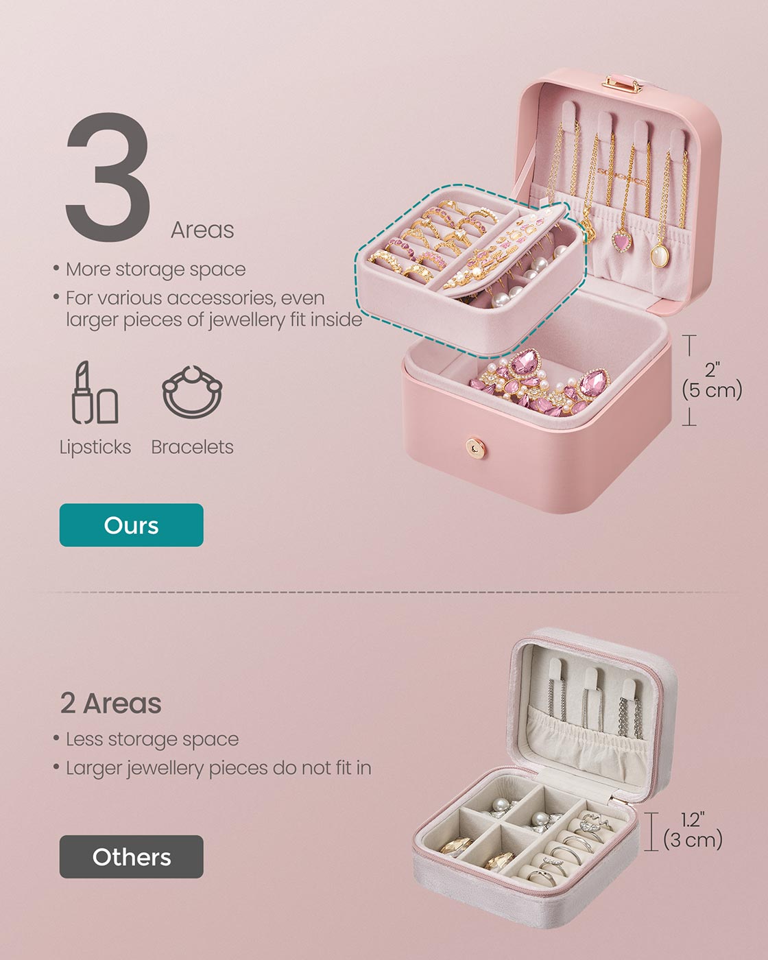 Jewellery Box – Portable – Jelly Pink – 2-Layer Travel Storage
