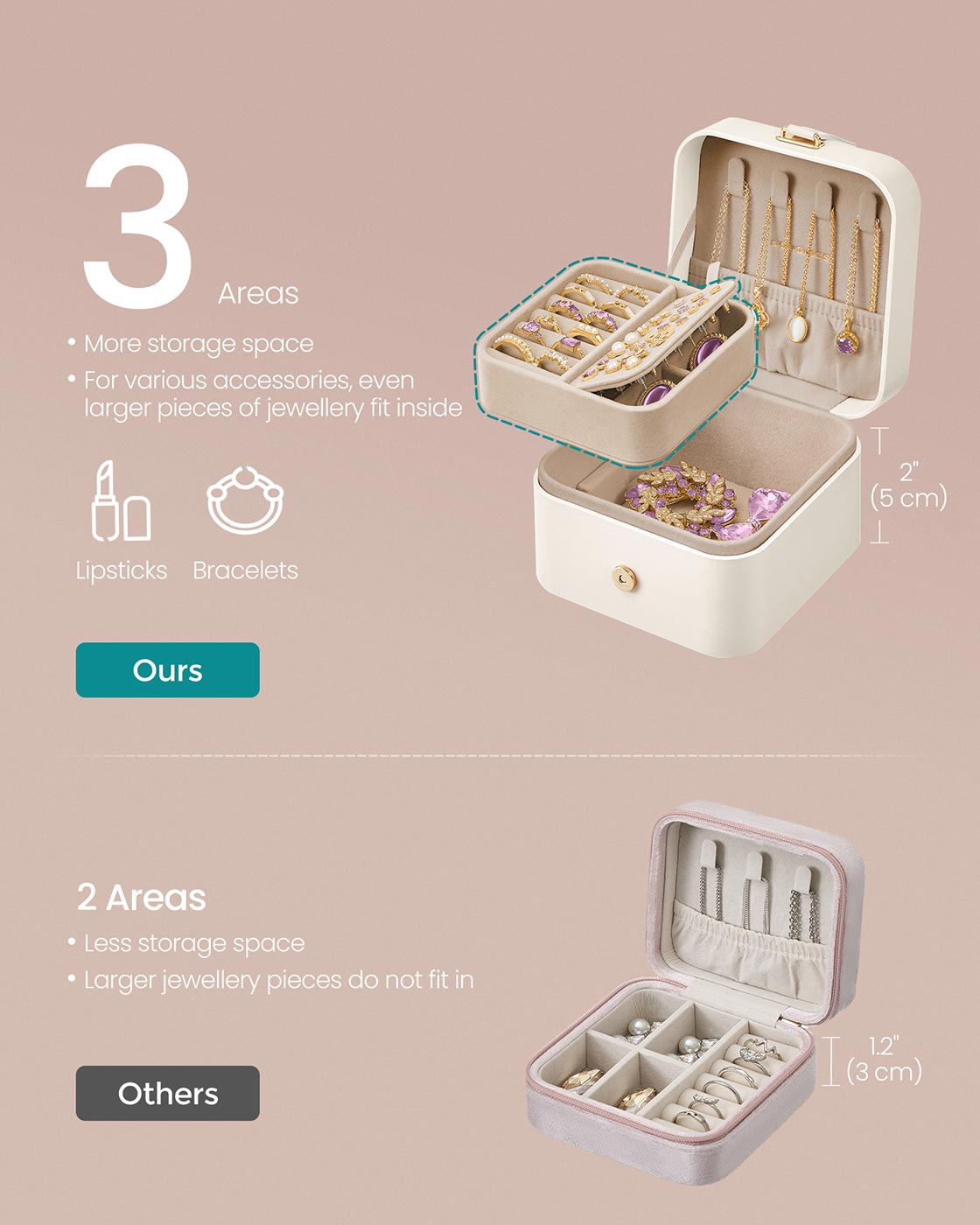 Jewellery Box – Wood – Cloud White – Portable 2-Layer Travel Storage
