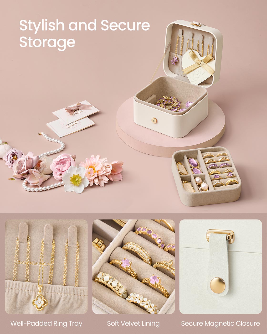 Jewellery Box – Wood – Cloud White – Portable 2-Layer Travel Storage