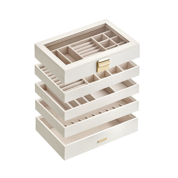 5-Tier Stackable Jewellery Box – Wood – Cloud White – Clear Glass Lid
