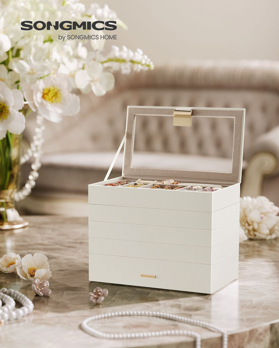 5-Tier Stackable Jewellery Box – Wood – Cloud White – Clear Glass Lid