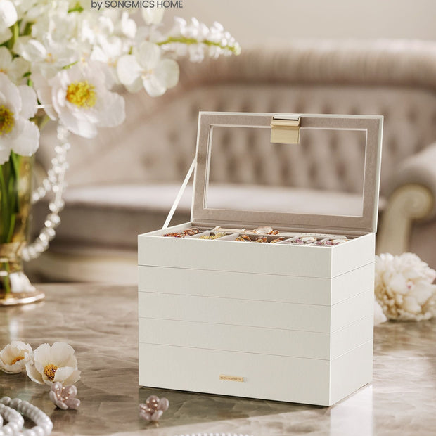 5-Tier Stackable Jewellery Box – Wood – Cloud White – Clear Glass Lid