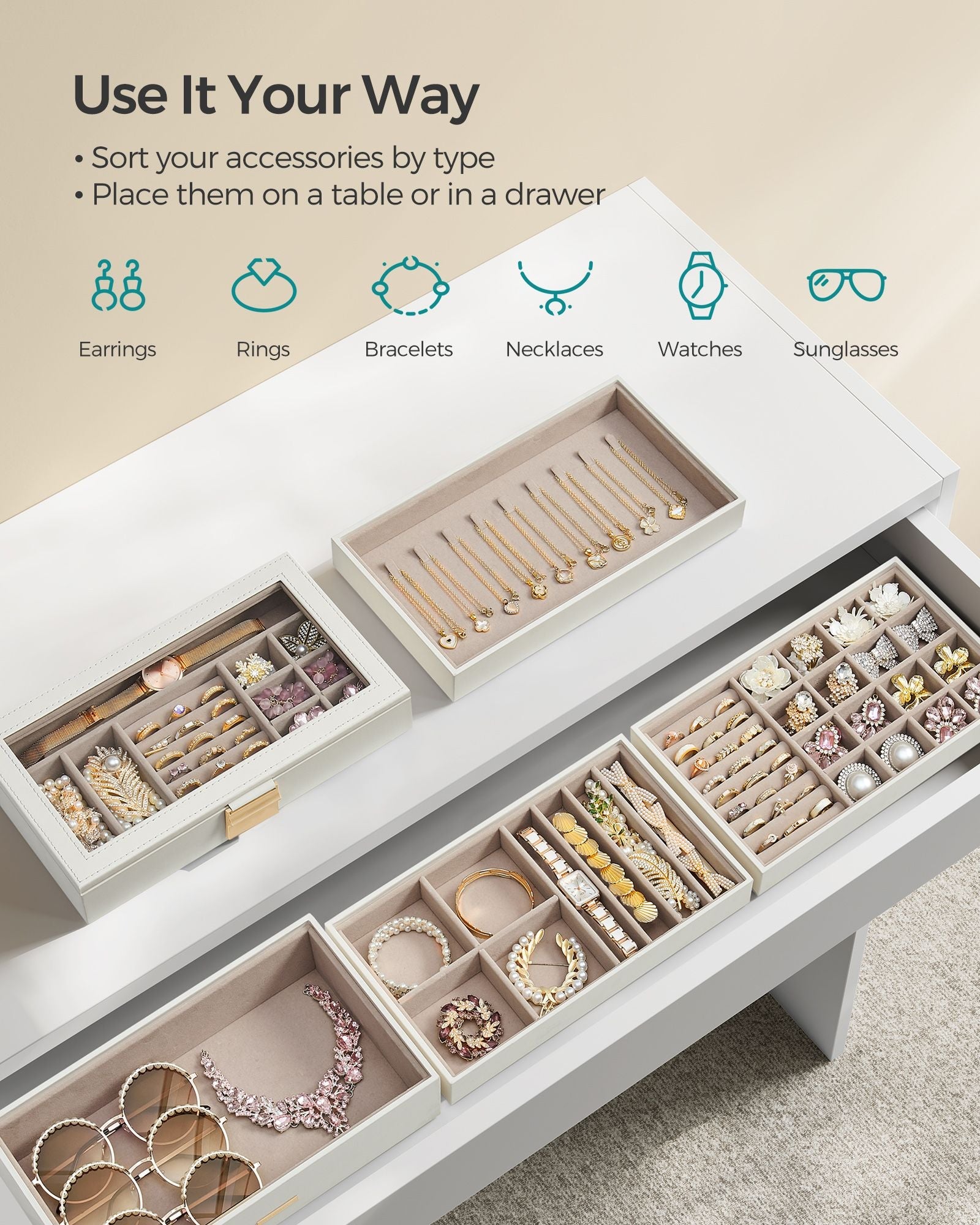 5-Tier Stackable Jewellery Box – Wood – Cloud White – Clear Glass Lid