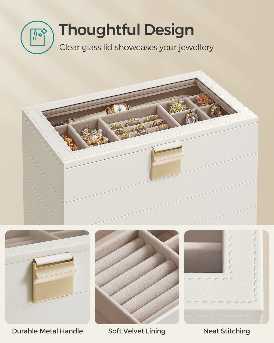 5-Tier Stackable Jewellery Box – Wood – Cloud White – Clear Glass Lid