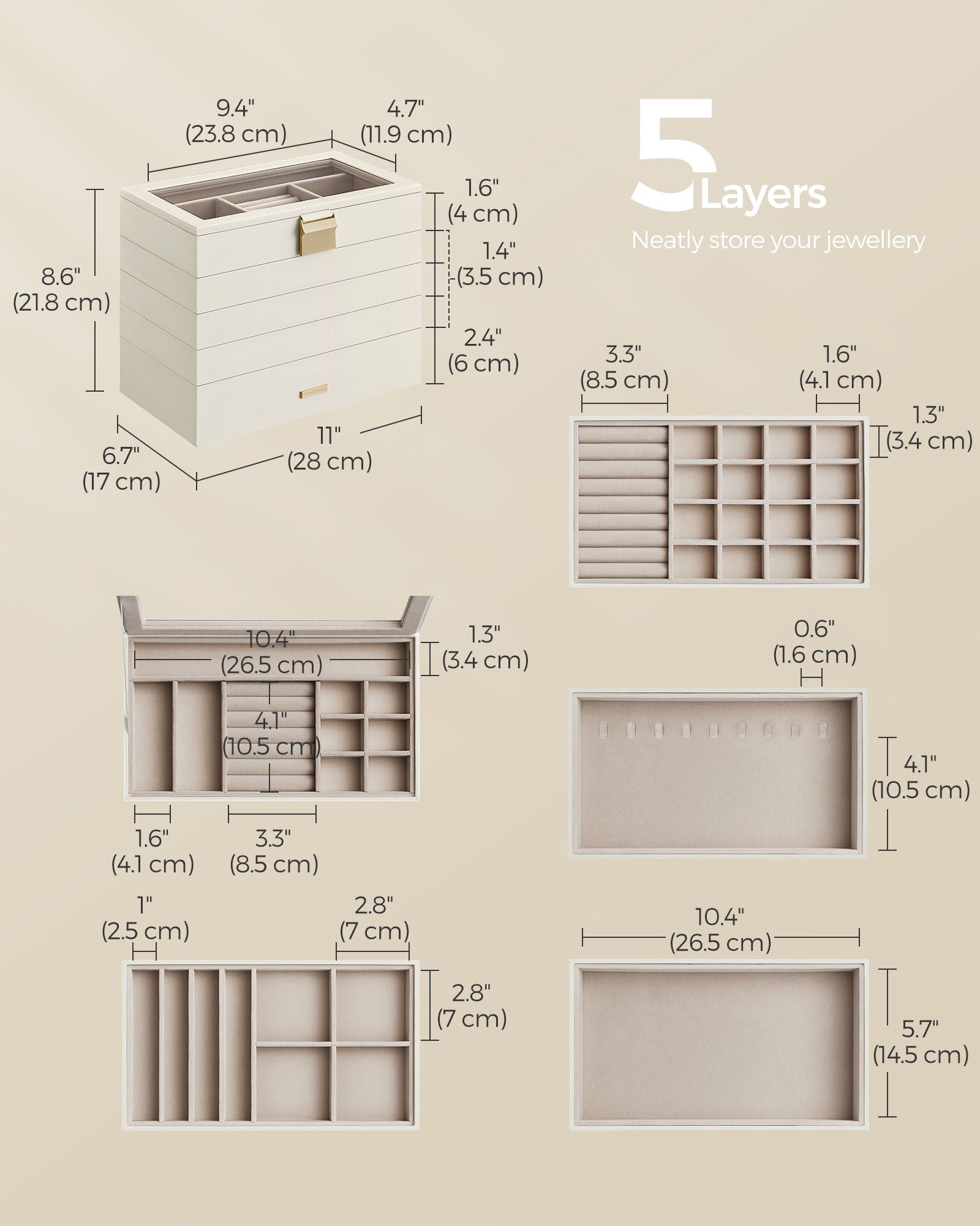 5-Tier Stackable Jewellery Box – Wood – Cloud White – Clear Glass Lid