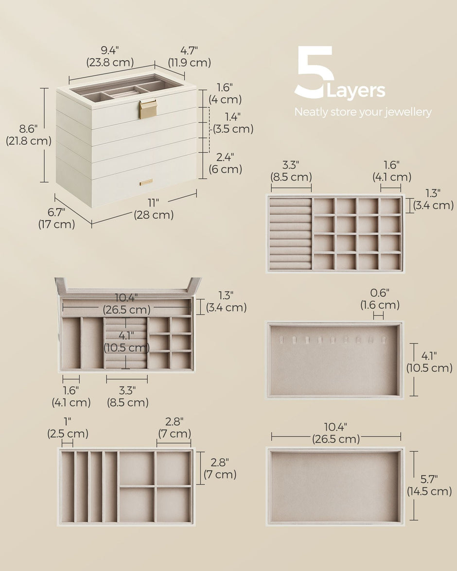 5-Tier Stackable Jewellery Box – Wood – Cloud White – Clear Glass Lid