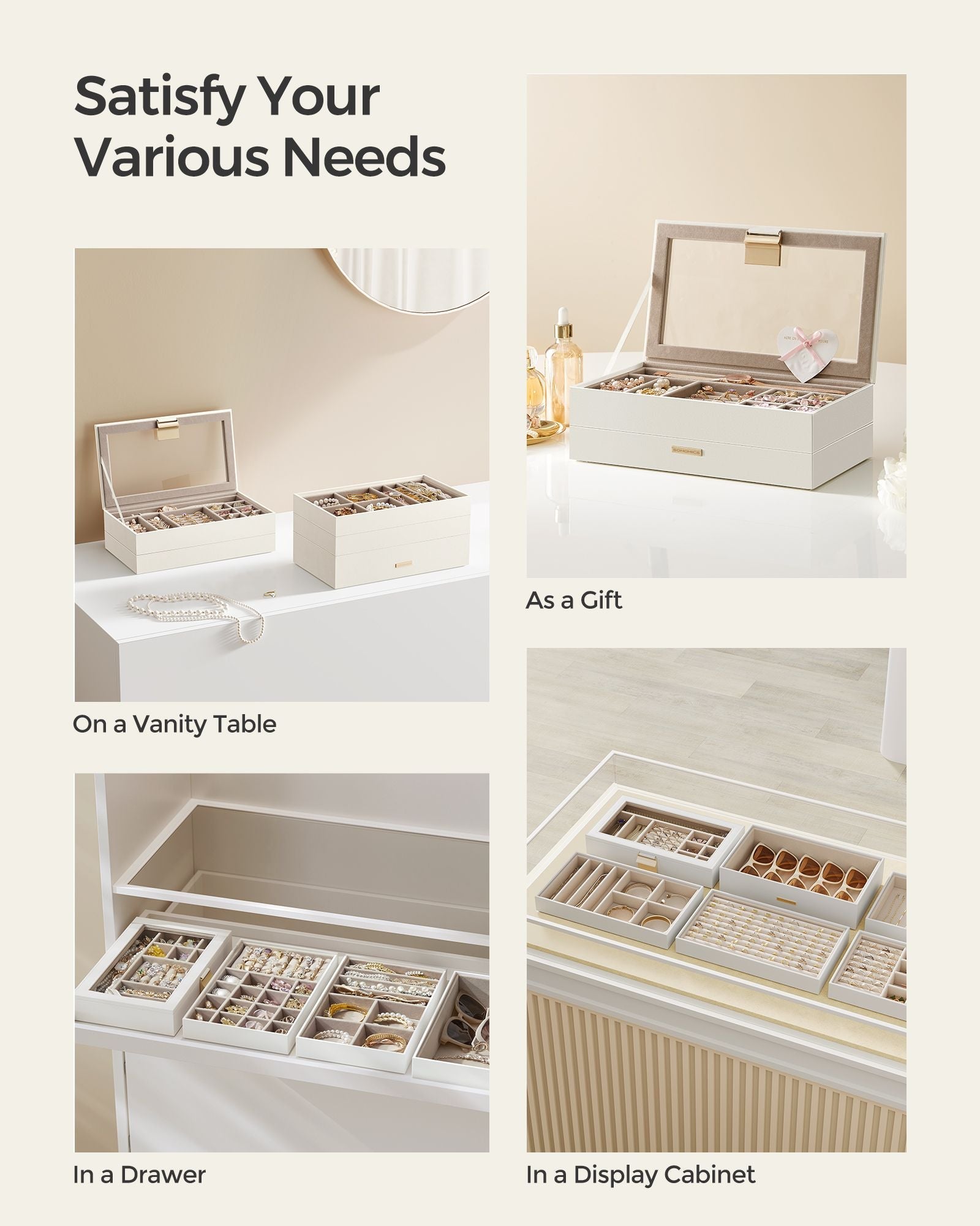 5-Tier Stackable Jewellery Box – Wood – Cloud White – Clear Glass Lid
