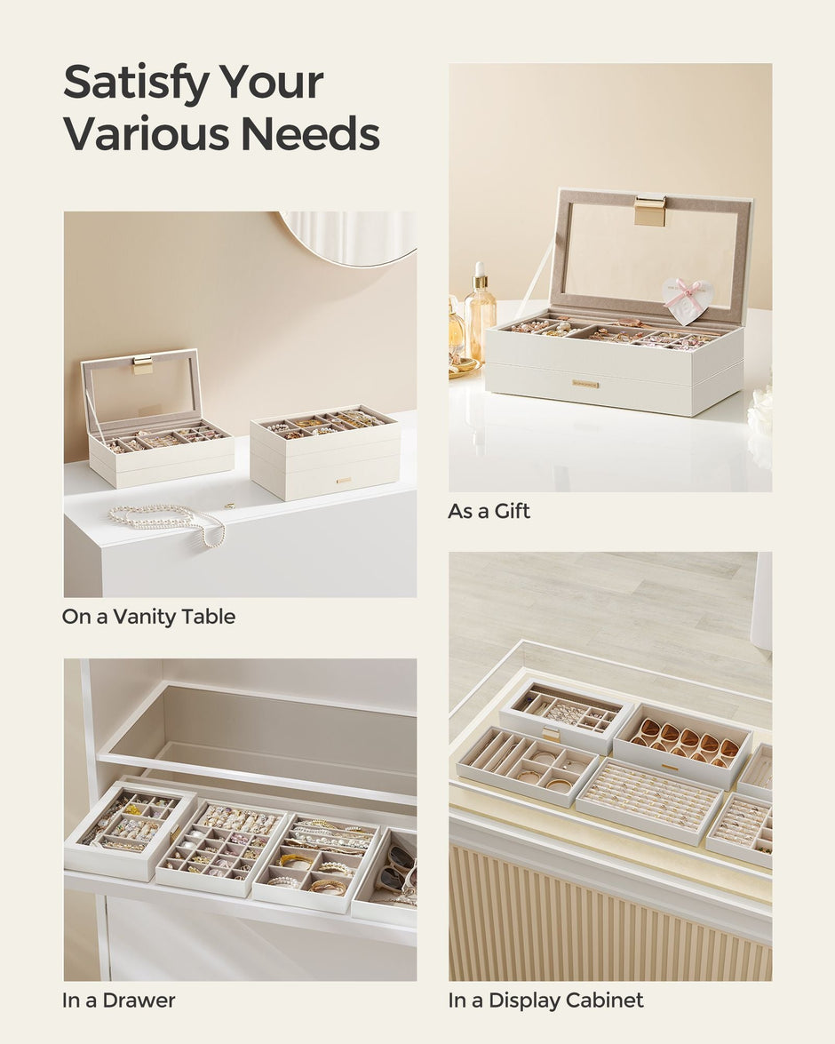 5-Tier Stackable Jewellery Box – Wood – Cloud White – Clear Glass Lid