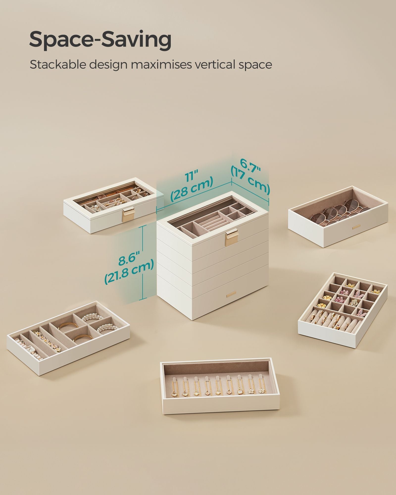 5-Tier Stackable Jewellery Box – Wood – Cloud White – Clear Glass Lid